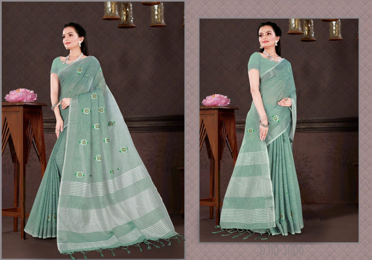 Sangam Swara New Fancy Wear Designer Linen Embroidery Work Saree Collection